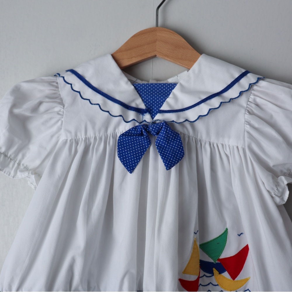 Vintage Embroidered Sailboat Nautical Short Sleeve Sailor Dress - Picture 2 of 9